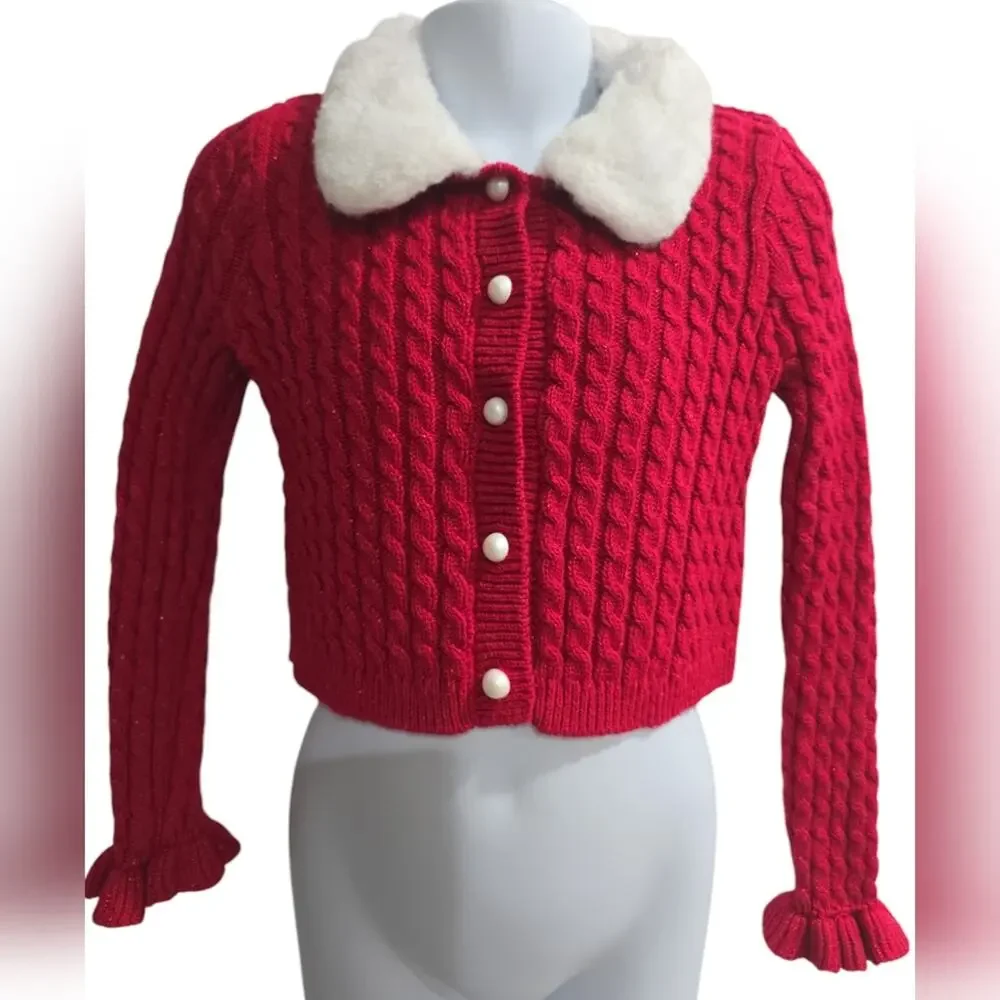 Tahari Red Cable Sweater With Faux Fur Collar
